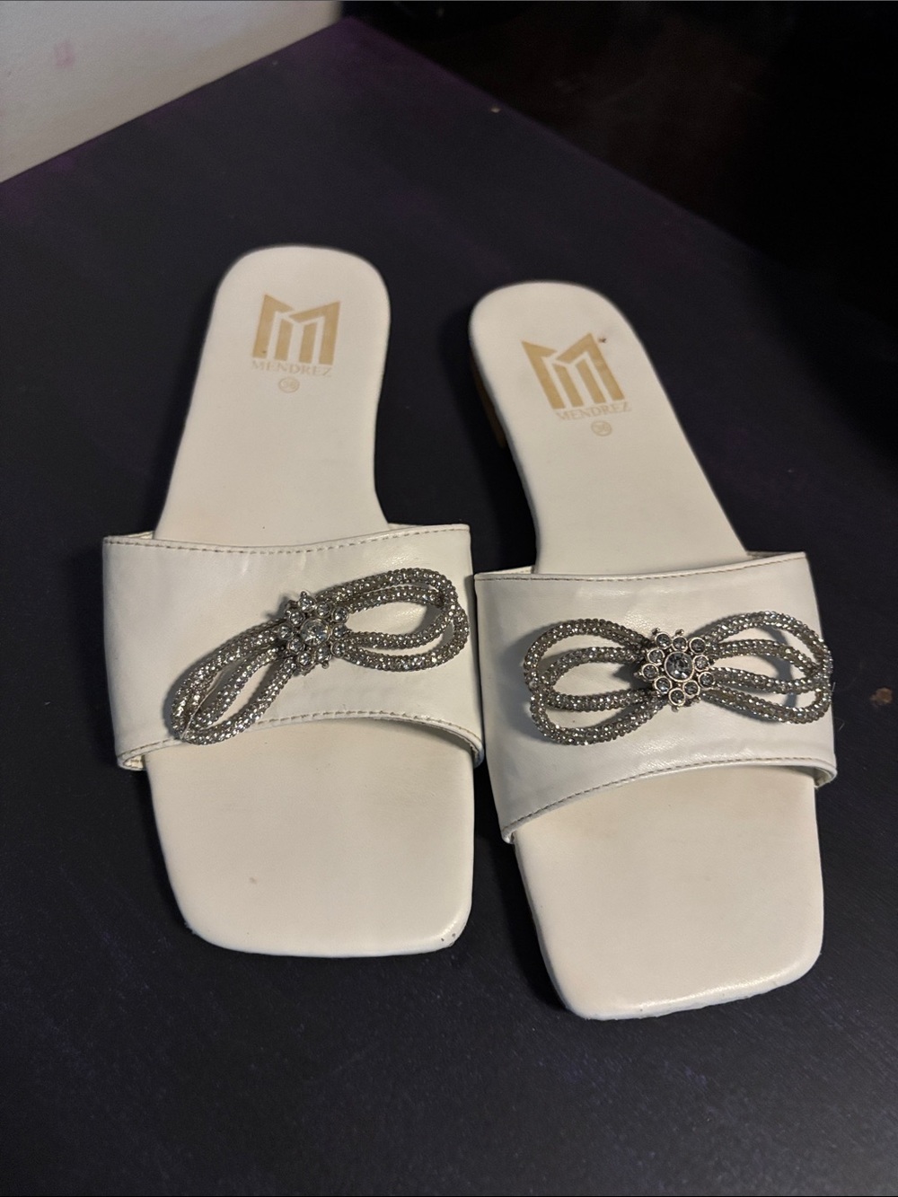 White Slide Sandals with Crystal Knot Accent